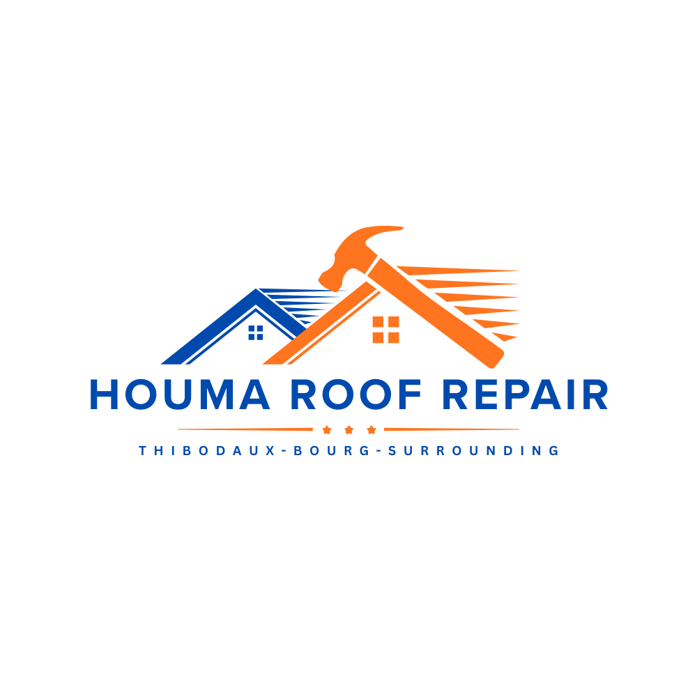 Houma Roof Repair logo with roof, hammer, and house icon. Houma, Thibodaux, Surrounding
